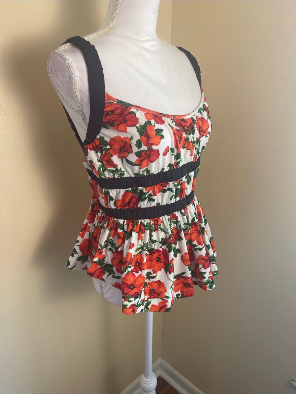 Maeve Anthropologie Floral Tank Top Stretchy Poppy Open Back Cottagecore Boho M - Picture 4 of 15